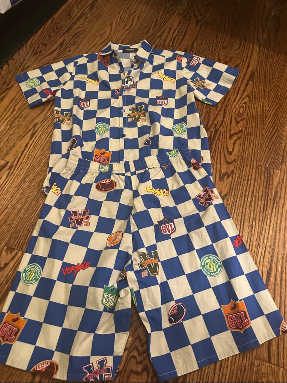 Versace boys sports Blue & White Checkerboard Two-Piece Shirt and Shorts Set
